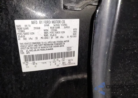 2011 Lincoln Mkx z USA, uszkodzony, nr VIN 2LMDJ8JK7BBJ04466